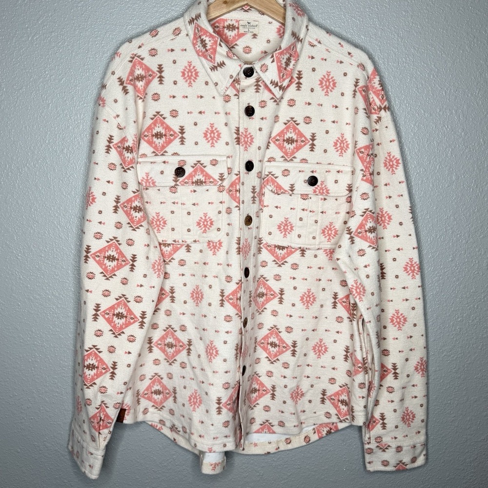 Simply Southern Shacket Flannel Jacket Womens‎ L Pink White Aztec Western Cozy